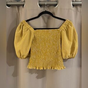 BB Dakota Yellow Gingham Smocked Puff-Sleeve Top
